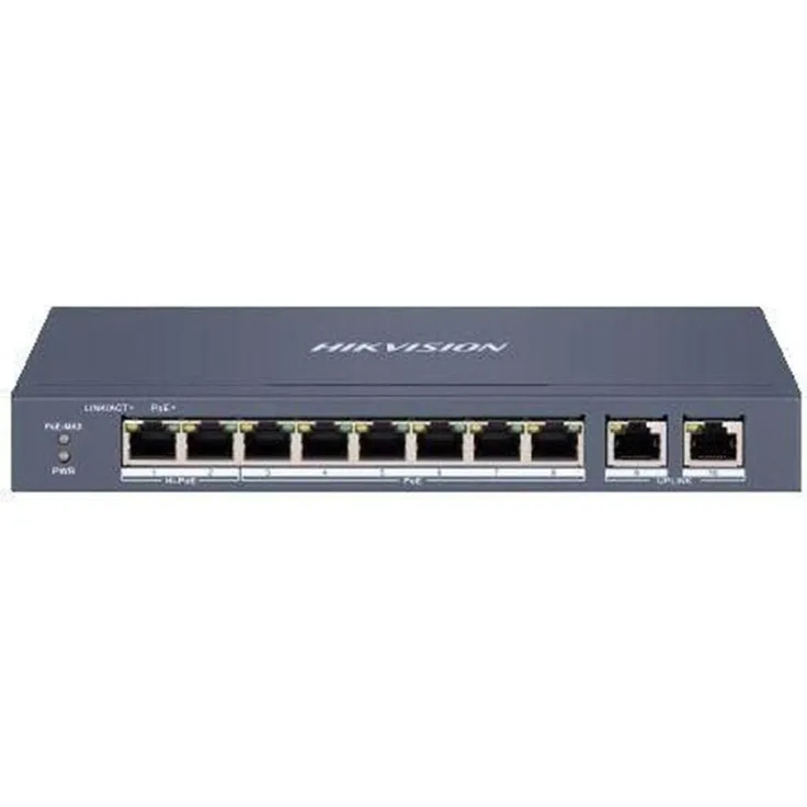 Hikvision DS-3E1310HP-EI Managed Switch PoE, 10 Ports mit 8x 100 Mbps PoE und 2x Gigabit-Anschlüssen, Grau