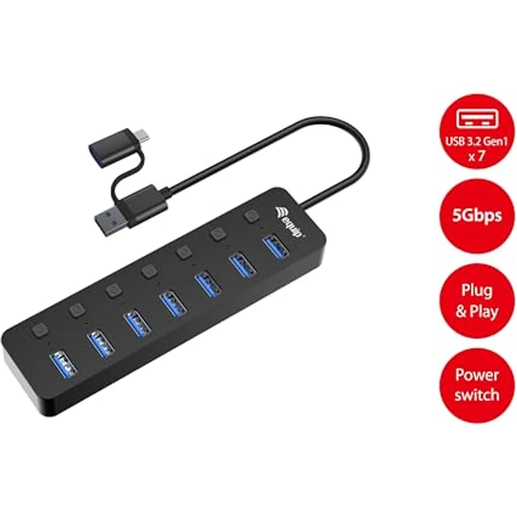 Equip 128965 7-Port USB 3.2 Gen 1 Hub mit Netzteil, Aluminiumlegierung + ABS, schwarz – Bild 3