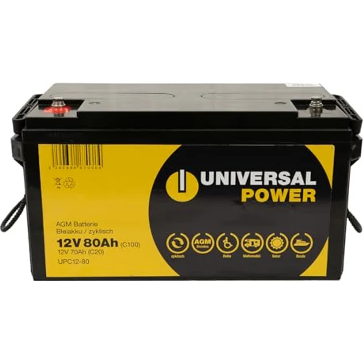 Universal Power UPC12-80 12V 80Ah AGM Solarbatterie Wohnmobilbatterie, Rüttelfest, schnellladend, kältebeständig, wartungsfrei - in Schwarz – Bild 3
