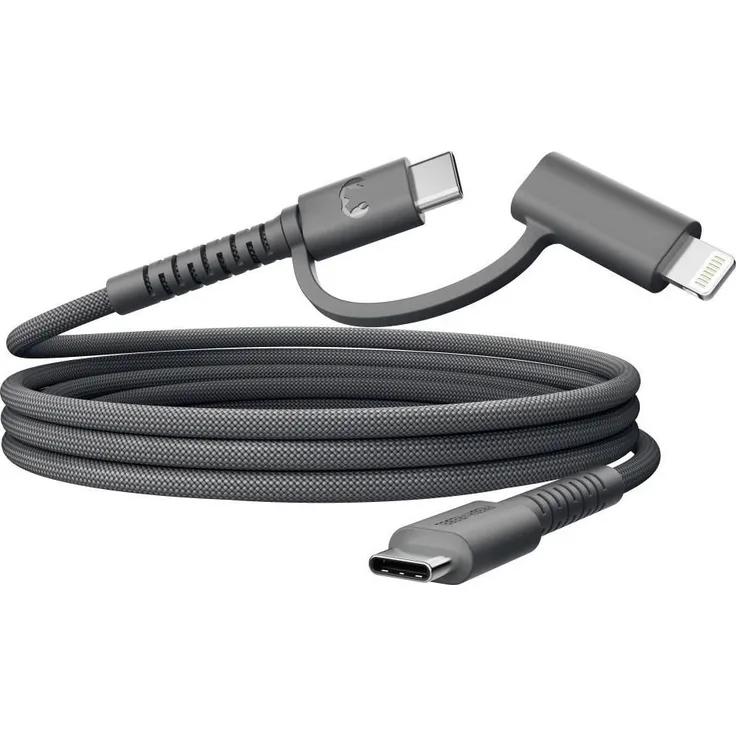 FRESH 'N REBEL FlexWave USB-C zu USB-C+LIG silikongeflochtenes Kabel, 2m, Storm Grey, extrem flexibel und langlebig