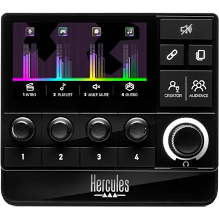 Hercules Stream 200 XLR, Profi-Audio-Controller zum Mastern von Audience-Creator-Mixen live auf dem Bildschirm, mit Mikrofonvorverstärker, LCD-Bildschirm, Hochauflösenden Encodern, 4 Aktionstasten