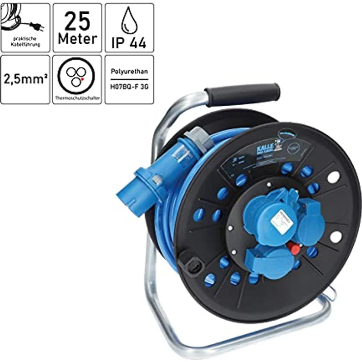 KALLE DAS KABEL CEE-Campingkabeltrommel KTP 25m mit Polyurethanleitung, IP44, 2 Schuko- und 1 CEE-Steckdose, inkl. 1,5m Anschlussleitung und Adapter – Bild 2