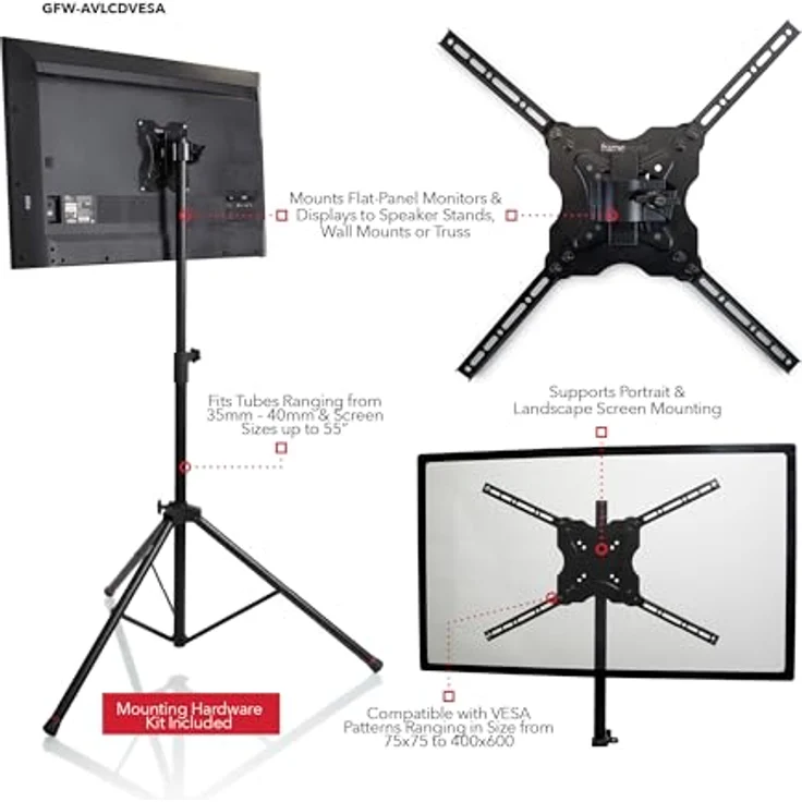 Gator Frameworks GFW-AV-LCD-15, TV-Halterung aus Stahl, schwarz, für Bildschirme bis 65 Zoll, höhenverstellbar von 1092 bis 1854 mm, universelle VESA-Halterung – Bild 6