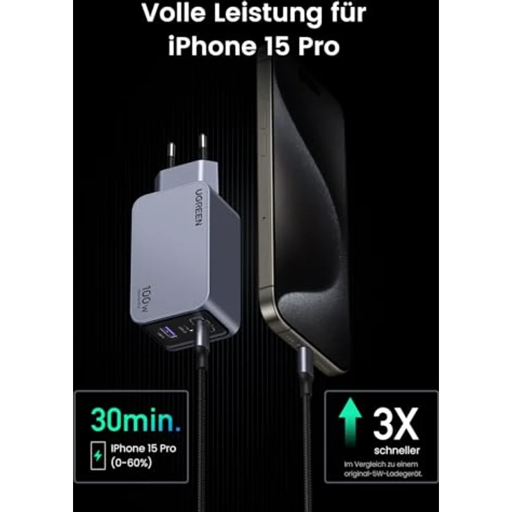 UGREEN USB C Ladegerät, Nexode Pro 100W GaN Charger Mini USB C Netzteil 3-Port Schnellladegerät PPS 45W kompatibel mit MacBook Pro/Air, iPad, iPhone 15 Pro Max, Galaxy S23 Ultra, Dell XPS – Bild 5