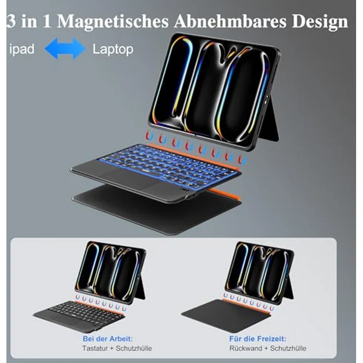 WIWU iPad Pro 11 Hülle mit Tastatur, 3 in 1 Magnetische Abnehmbare Tasche, Beleuchtete Tasten und Touchpad, Schwarz für iPad Pro 11" (M4/M5 2024/2025) – Bild 4