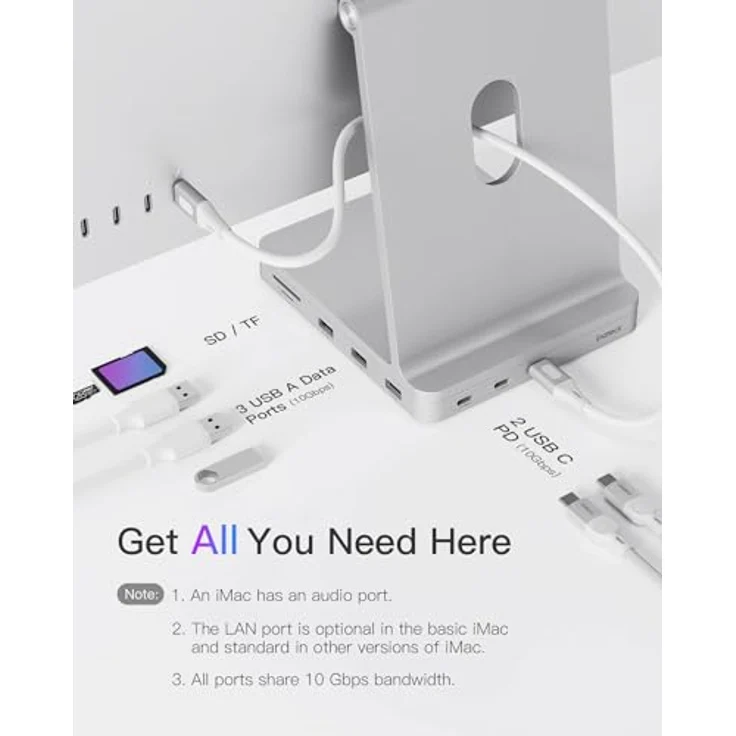 Inateck USB C Hub DK2001 für iMac 24 Zoll 2021/2023, 8-in-1 Aluminium USB Hub mit NVMe SSD Gehäuse, USB 3.2 Gen 2, USB C 10 Gbit/s, SD/TF Kartenleser – Bild 3