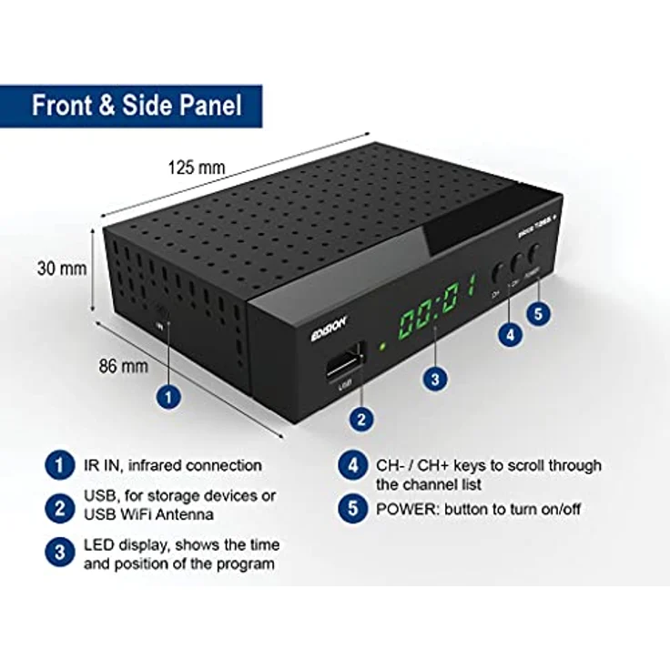 Edision Picco T265+ Terrestrischer DVB-T2 und Kabel DVB-C Receiver, H265 HEVC, FTA Full HD PVR, USB, HDMI, SCART, S/PDIF, IR, USB WiFi Support, Universal 2in1 Fernbedieung, Schwarz – Bild 3