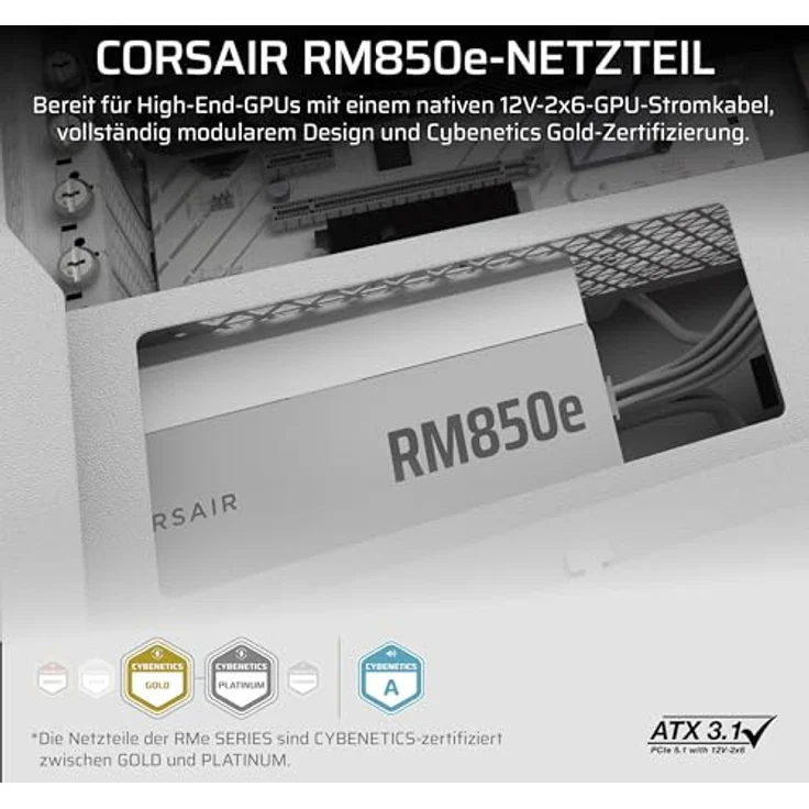Corsair RM850e (2025) Vollständig Modulares ATX-Netzteil, Weiß, Cybenetics Gold-Effizienz, 105°C-Kondensatoren, Moderner Standby-Modus – Bild 2