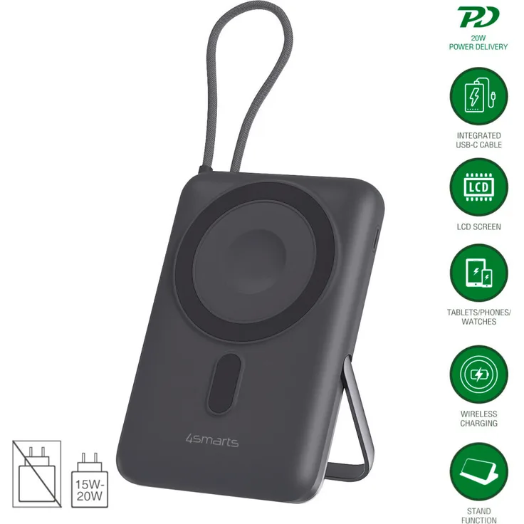4Smarts Powerbank Enterprise Pocket, 10.000 mAh, kabelloses Laden bis 15 W, Schnellladung über USB-C, integrierter Standfuß, digitales Display