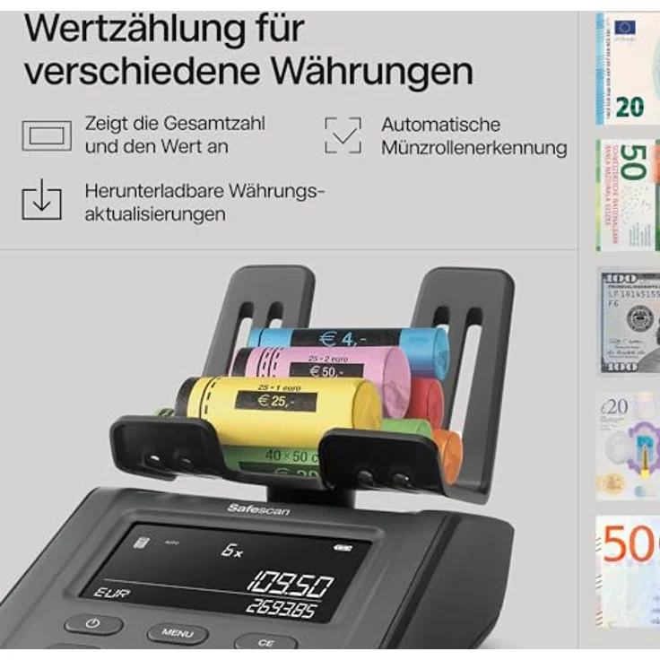 Safescan 6165 Geldzählmaschine, Wertzählung für Münzen und Banknoten, inklusive automatischer Münzrollenerkennung und individuellem Speichersystem für Zählergebnisse – Bild 3