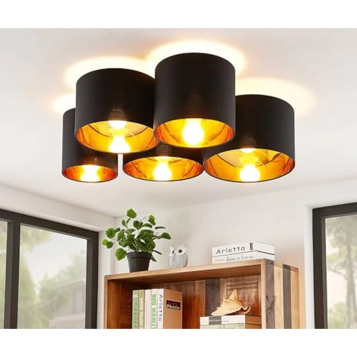 Lindby Stoff Deckenlampe Laurenz schwarz-gold, 5 Schirme Ø 20 25 28 30 32 cm 5x E27 max. 60W Textil Deckenleuchte ohne Leuchtmittel – Bild 4
