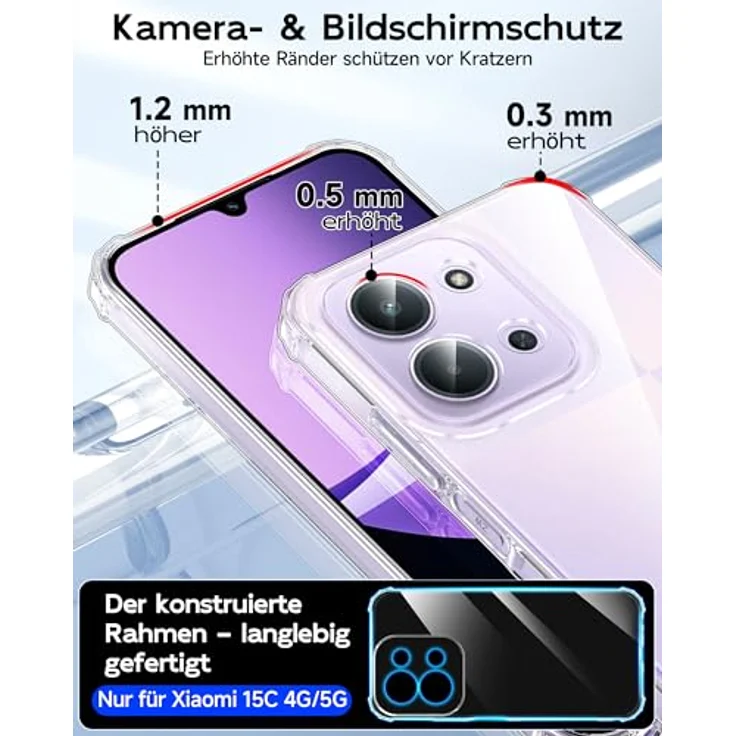 LeYi Transparent Hülle für Xiaomi Redmi 15C 4G/5G, Stoßfestes TPU Silikon Case mit 2 Schutzfolien, HD Kameraschutz und perfekter Passform, Durchsichtig – Bild 4