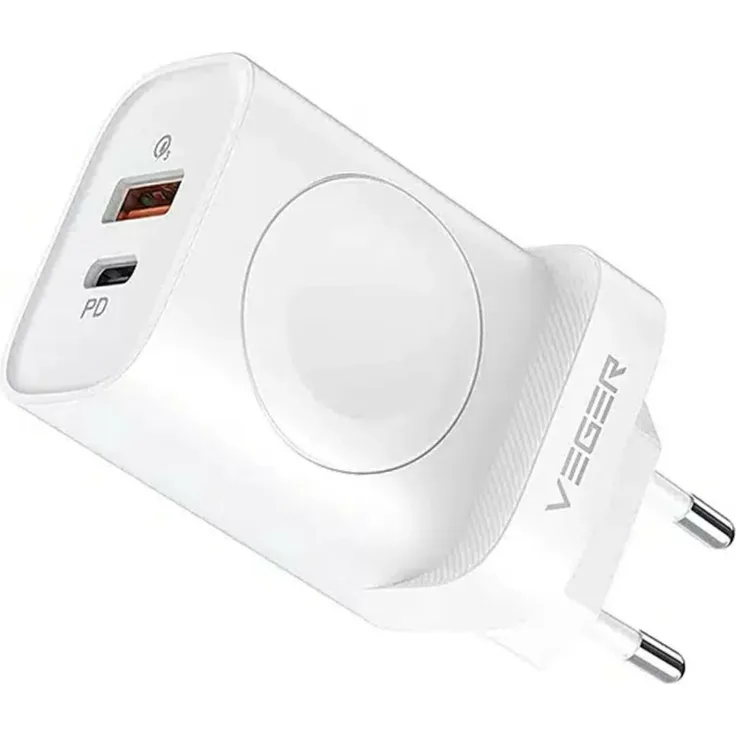Veger W002E Ladegerät USB + Typ C + kabellos Smartwatch PD 25W weiß