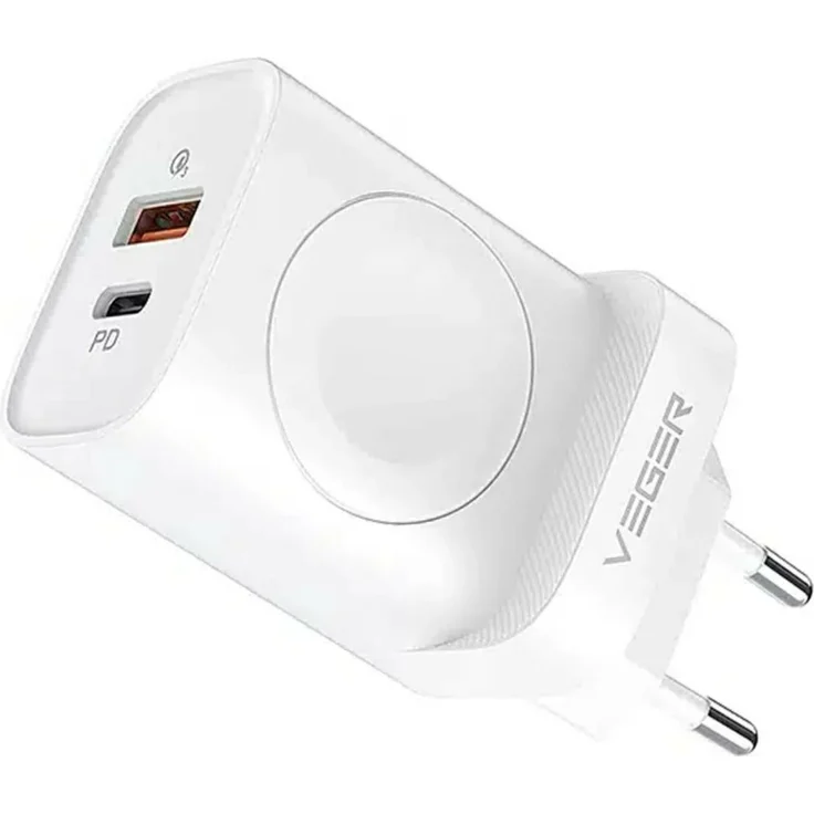 Veger W002E Ladegerät USB + Typ C + kabellos Smartwatch PD 25W weiß