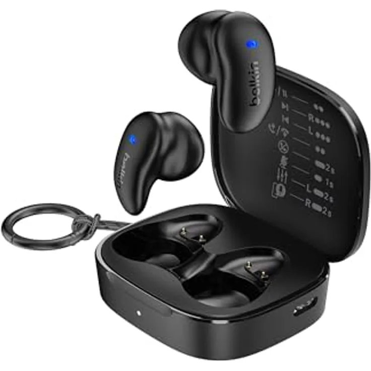 Belkin SoundForm Anywhere, Kabellose Halb In-Ear Bluetooth Kopfhörer mit Noise Cancelling, IPX4 Spritzwassergeschützt, 26 Std. Akkulaufzeit – Schwarz