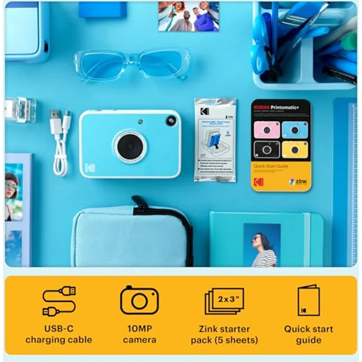 Kodak Printomatic+ Sofortbild Digitalkamera 10MP mit RGB LED, druckt wischfeste 2x3" Fotos auf ZINK-Papier – Blau – Bild 3