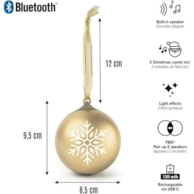 Bigben EPOK Leuchtende Weihnachtskugel, Bluetooth portabler Lautsprecher mit Lichteffekten, gold, 10 W Musikleistung – Bild 6