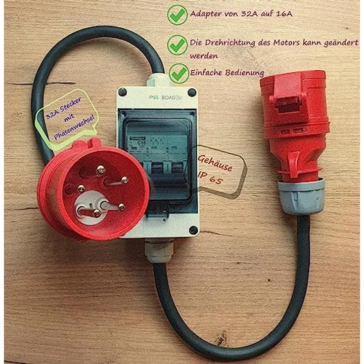 RoadEu - CEE Adapter 32A auf 16A mit Phasenwender - Starkstrom Adapter 32A Stecker auf 16A Kupplung mit Leitungsschutzschalter 16A C - 1 Meter - CEE Verlängerungskabel - Wasserfest und solide konstruiert, IP44, schwarz – Bild 3