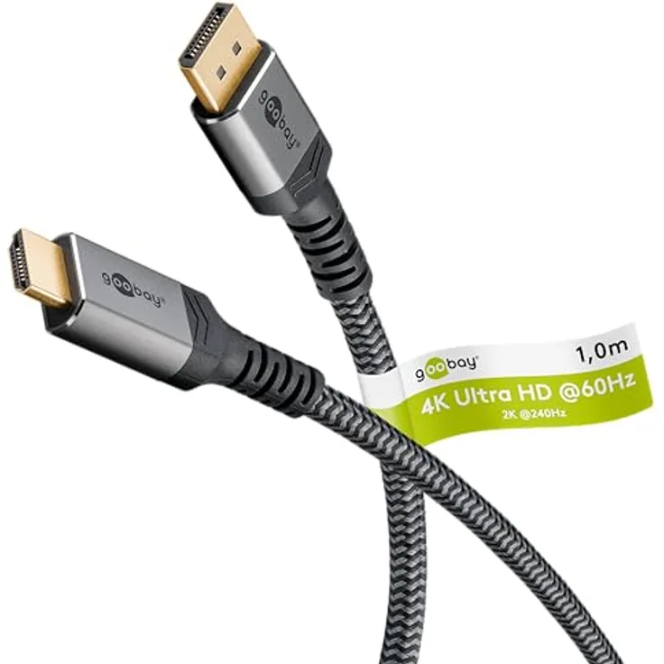 goobay 65268 DisplayPort 1.2 auf HDMI 2.0 / Auflösungen von bis zu 4K @ 50/60 Hz/Datentransferrate von 18 Gbit/s/Kabel ist richtungsgebunden/Vergoldete Stecker beugen Korrosion vor/Grau / 1m