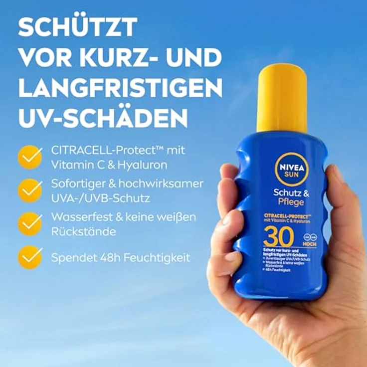 NIVEA SUN Schutz & Pflege Sonnenspray LSF 30 Citracell-Protect, wasserfestes Sonnencreme Spray mit Vitamin C & Hyaluron, 48h Feuchtigkeit, 200 ml – Bild 2