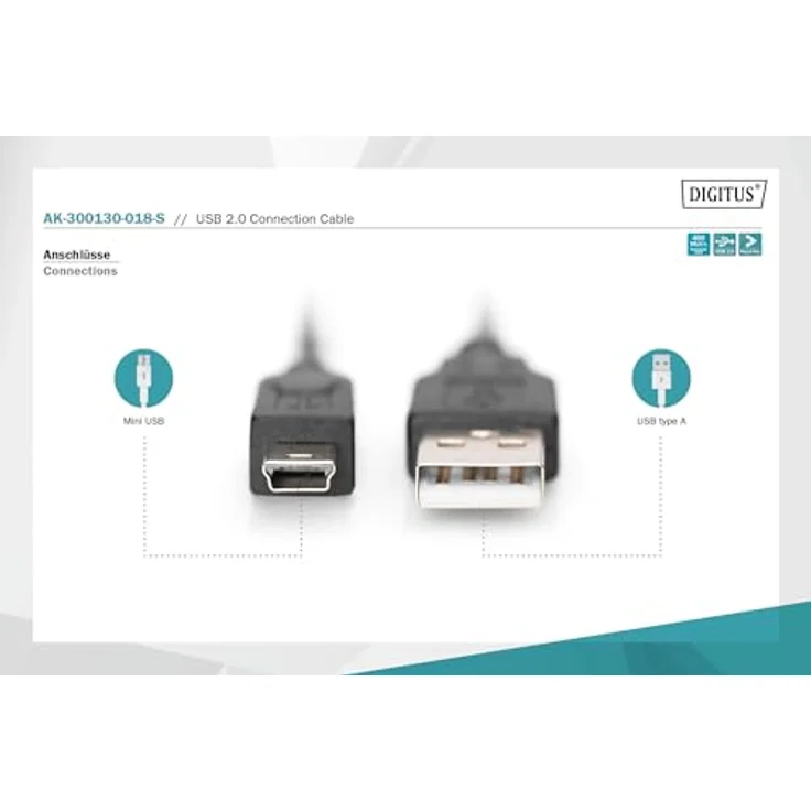 Assmann/Digitus USB 2.0 CONNECTION CABLE A-B USB 2.0 Connection Cable, 480Mbit/s, USB A - USB mini B, St/St, 1.8m, Schwarz (AK-300130-018-S) – Bild 3
