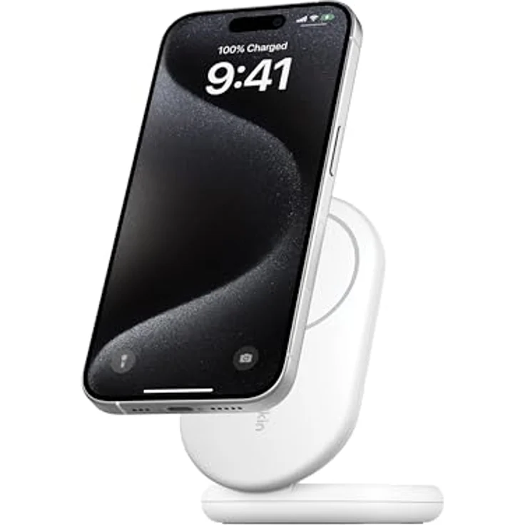 Belkin BoostCharge MagSafe Ladegerät, magnetisches einklappbares kabelloses Ladegerät Qi2, 15 W, MagSafe-kompatibles Schnellladegerät, Standy-Modus, Weiß – Bild 1
