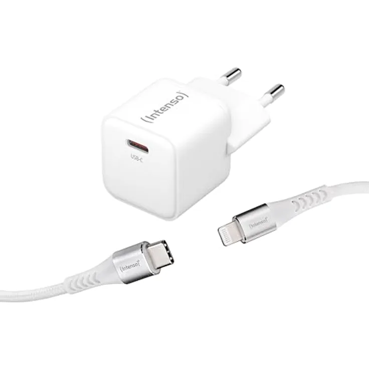 Intenso Power Adapter W30C GaN Set, USB-C Netzteil mit 30 Watt und GaN-Technologie und USB-C zu Lightning Daten+Ladekabel, Mfi-Zertifiziert, weiß