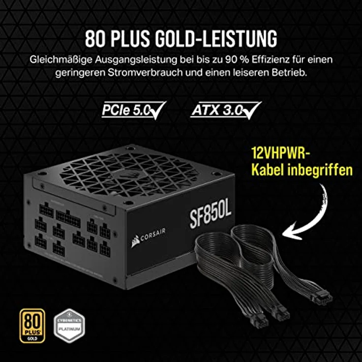 Corsair SF850L Vollmodulares, Geräuscharmes SFX-Netzteil - ATX 3.0- Und PCIe 5.0-Kompatibel - Leiser 120-mm-PWM-Lüfter - 80 Plus Gold-Effizienz - Null-Drehzahl-Modus - 105°C-Kondensatoren - Schwarz – Bild 3