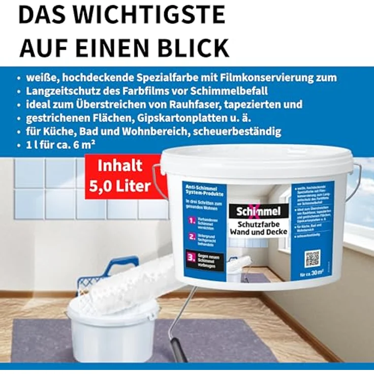 SchimmelX Schutzfarbe Wand und Decke 5,0 l | hochdeckende Spezialfarbe | für Küche, Bad und Wohnbereich | scheuerbeständig | Lösemittelfrei | Innenbereich – Bild 3