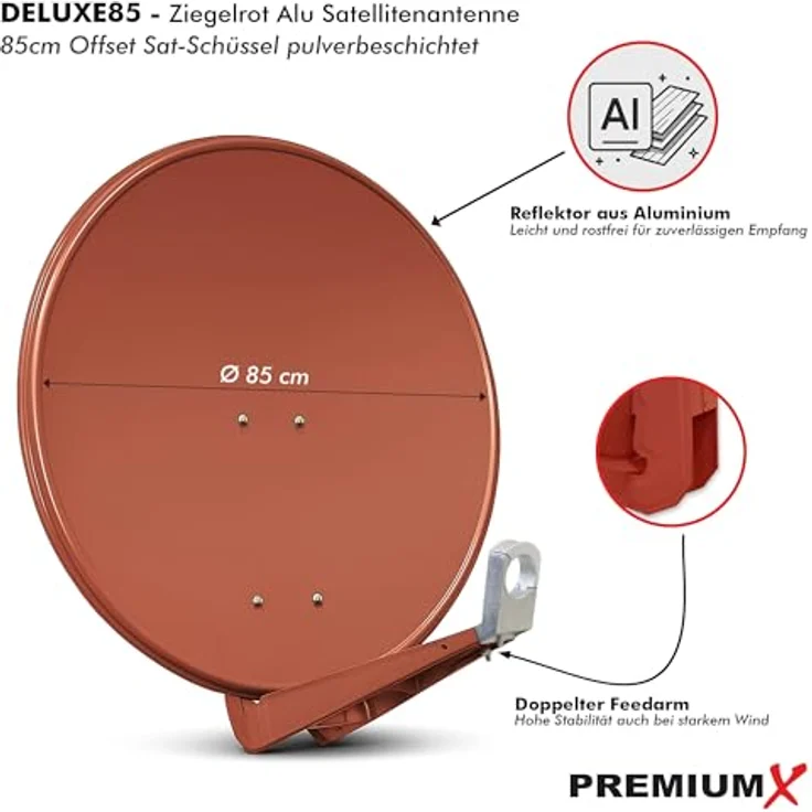PremiumX DELUXE85 Satellitenantenne, 85 cm Aluminium Ziegelrot, doppelter Feedarm, 39,5 dB Gewinn, wetterbeständig – Bild 2