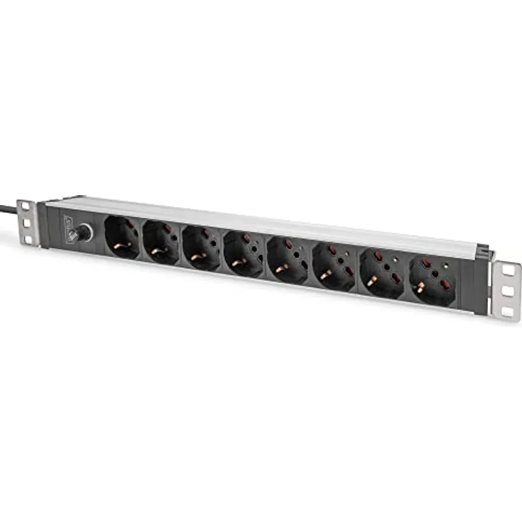 DIGITUS Steckdosenleiste mit Aluminiumprofil und Vorsicherung, 8-Fach Italienische Ausgang, 2 m Zuleitung, IEC C14 Stecker
