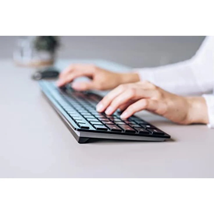 CHERRY KW 9100 Slim, kabellose Tastatur, Schweizer Layout, QWERTZ Tastatur, wahlweise Bluetooth- oder Funkverbindung, SX Scherenmechanik, wiederaufladbar über USB-Kabel, flach, schwarz-Silber – Bild 5