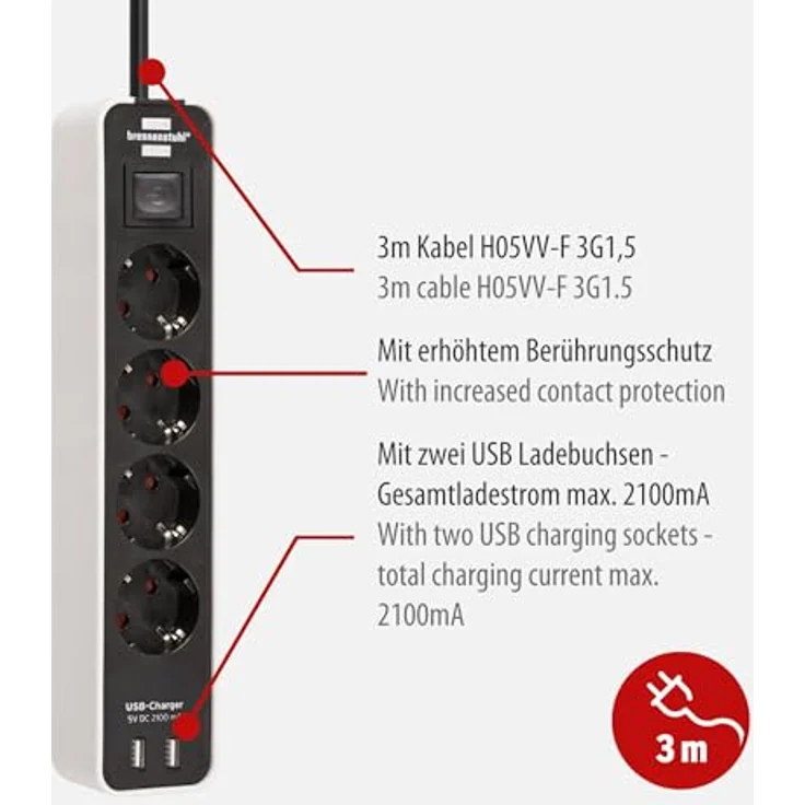 Brennenstuhl Ecolor Steckdosenleiste 4-fach mit USB-Ladebuchse (Steckerleiste mit 2x USB Charger, Schalter und 1,5m Kabel) weiß-schwarz – Bild 3