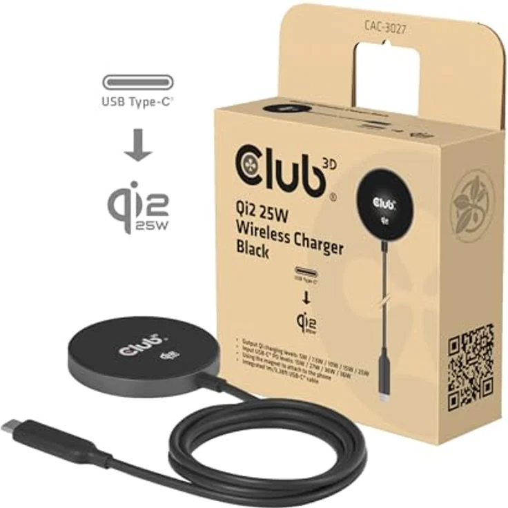 club3D Qi2 Induktions-Ladegerät CAC-3027, 25W USB-C Schnellladegerät in Schwarz mit Sicherheitsmerkmalen – Bild 2
