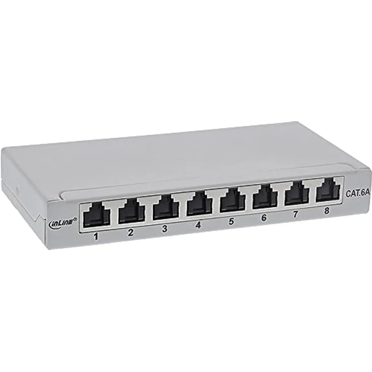 InLine® Patchfeld Cat.6A 0,5HE 8-Fach, für Tisch/Wand/Hutschiene, mit Staubschutz, grau