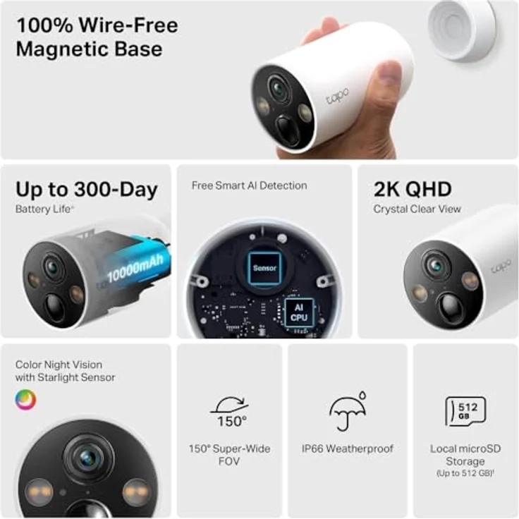 TP-Link TAPO Smart Home Überwachungskamera, kabellos, 2K QHD, IP66, 10000mAh Akku, 150° Sichtfeld, Farbnachtsicht, KI-Erkennung – Bild 4