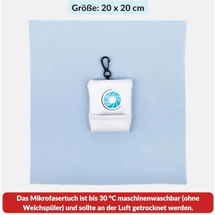 LENS-AID Mikrofaser Reinigungstuch mit Aufbewahrungsbeutel und Karabiner, für Kamera, Objektiv, Display, Notebook, Smartphone und Brillen, waschbar und fusselfrei – Bild 4
