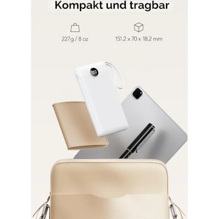 VRURC Powerbank 10000mAh, tragbares Ladegerät mit 5 Ausgängen, USB-C, LED-Anzeige und integriertem Kabel, kompatibel mit iPhone/Huawei/Samsung – Bild 3