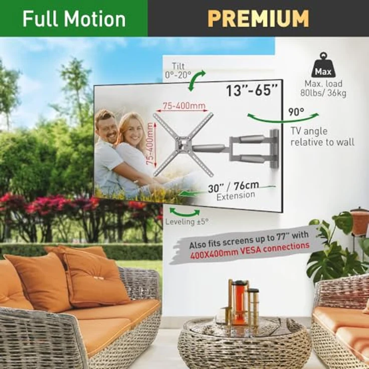 Barkan 76cm TV Wandhalterung für draußen, 13-65 Zoll, schwenkbar/neigbar, max. VESA 400x400, wetterfest, bis 36Kg tragend – Bild 2