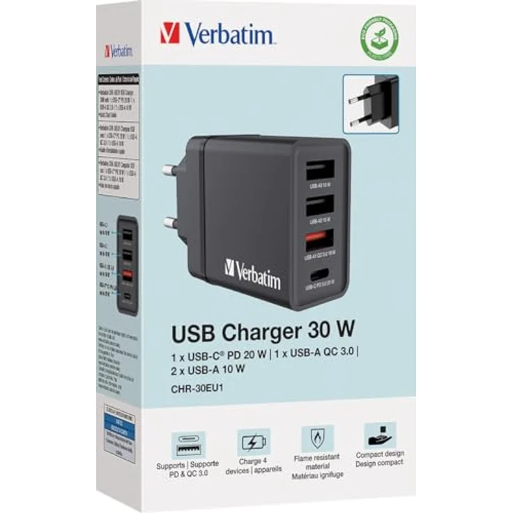 Verbatim USB Wall Charger 30W, Black 1x USB-C© PD 20W / 1x USB-A, 49700, Handy-Ladegerät mit 3x USB-A Ports + 1x USB-C Port 30W (Schwarz) – Bild 2