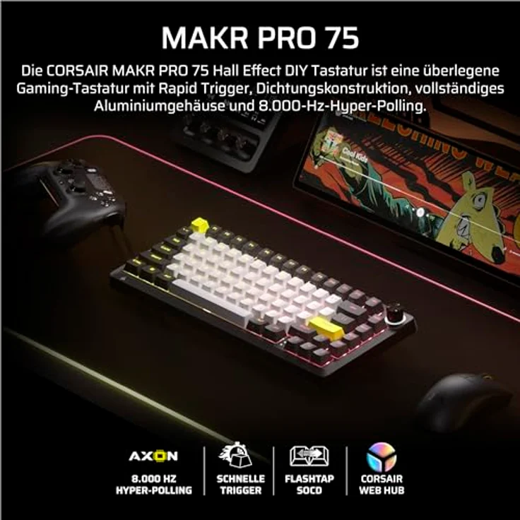 Corsair MAKR PRO 75, Mechanische Gaming-Tastatur mit MGX Hyperdrive-Schaltern, Dual-Auslösung, Rapid-Trigger, FlashTap SOCD, 8.000Hz, QWERTZ DE – Schwarz – Bild 2