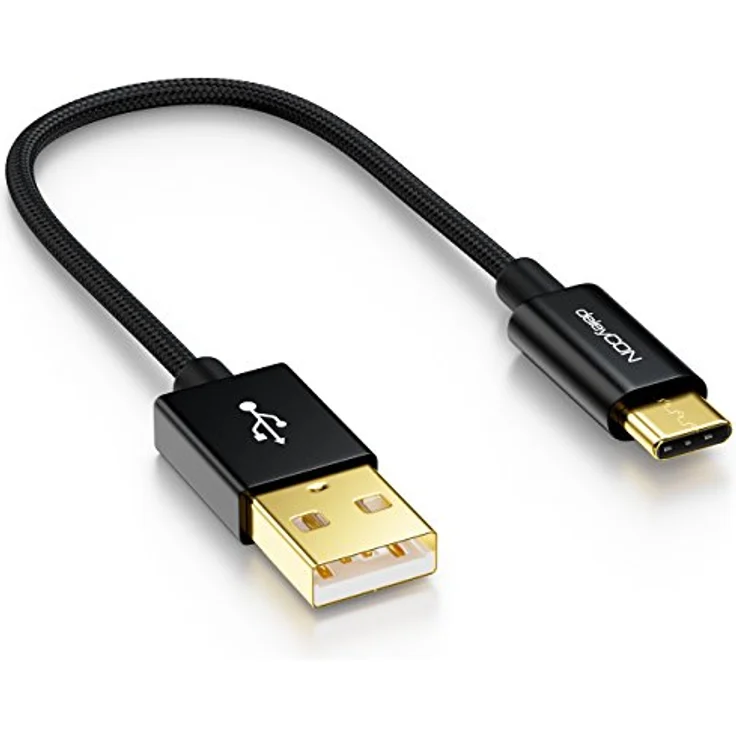 deleyCON 15cm USB-C auf USB-A Kabel, Nylon Ladekabel für Schnellladung und Datentransfer, Schwarz – Bild 1
