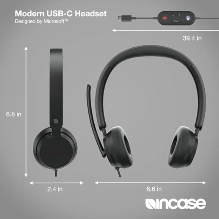 Incase Modernes USB-C-Headset, entworfen von Microsoft, On-Ear-Stereo-Kopfhörer mit Geräuschunterdrückung, Inline-Lautstärkeregler und Teams-Zertifizierung, kabelgebunden – Bild 3