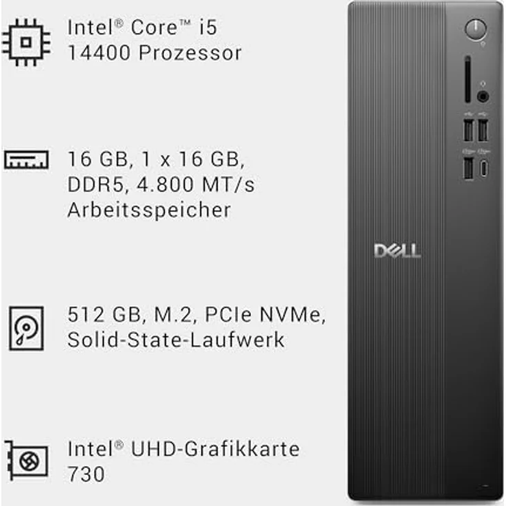 Dell Slim ECS1250 Desktop, Intel Core i5-14400, 10 Kerne, 16GB RAM, 512GB SSD, Intel UHD Graphics 730, Windows 11 Home, schwarz – Bild 7