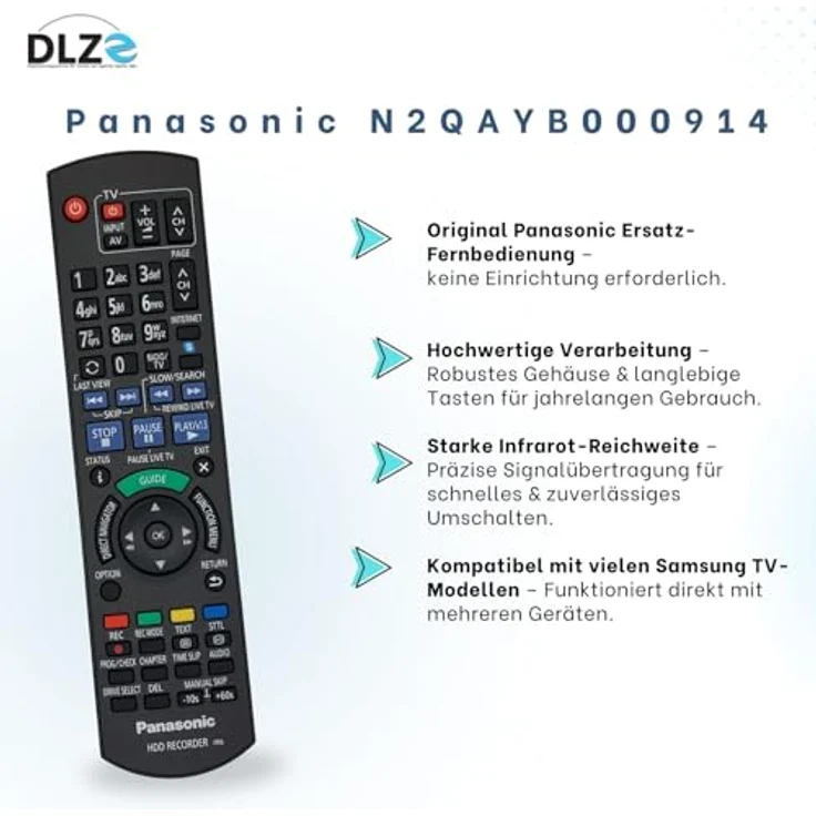 Panasonic N2QAYB000914, Original-Fernbedienung für Blu-ray Festplattenrekorder, ergonomisches Design, hohe Reichweite, kompatibel mit DMR-HCT130 EG, DMR-HCT230 EG, DMR-HST130 EG, DMR-HST230 EG, DMR-BST800 – Bild 2