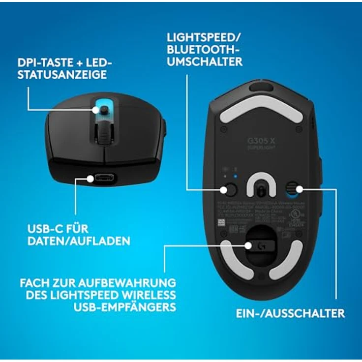 LOGITECH G305 X SUPERLIGHT Gaming-Maus, kabellos, HERO 44K-Sensor, 61 g, RGB-Beleuchtung, schwarz – Bild 10