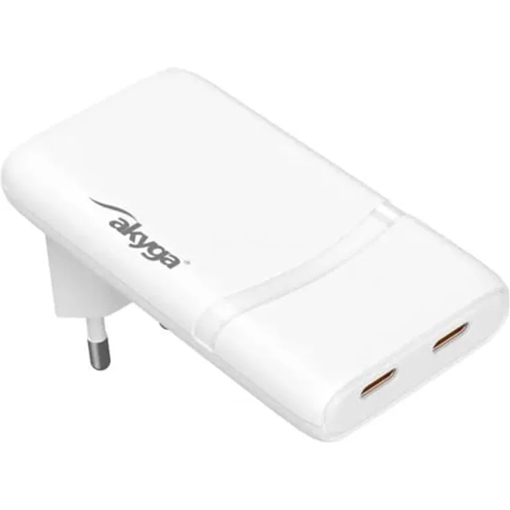 AKYGA AK-CH-32 USB Ladegerät 65 W USB-C® mit Power Delivery, Weiß, für gleichzeitiges Laden von zwei Geräten