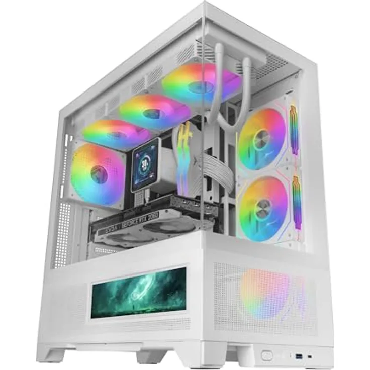 Mars Gaming MCLCDXW, Midi Tower PC, Weiß, ATX, micro ATX, Mini-ITX, gehärtetes Glas, Gaming mit IPS Display und RGB Beleuchtung