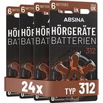 ABSINA Hörgerätebatterien 312, 24 Stück Zink-Luft mit 1,45V, Braun, gut greifbare Schutzfolie, langanhaltend und kompatibel mit PR41 ZL3 P312