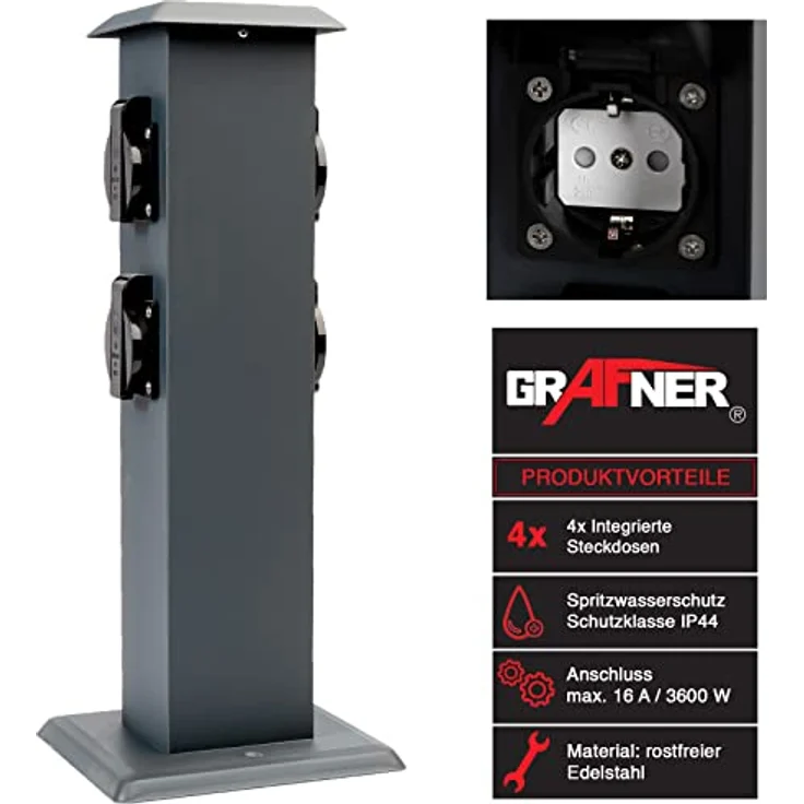 Grafner Edelstahl Design Gartensteckdose mit 4 Steckdosen, 3600 Watt, IP44, eckig, anthrazit, KEIN ROST – Pulver-Beschichtung, Energiesäule Metall Mehrfach Außen Steckdose 4-Fach schwarz lackiert – Bild 2